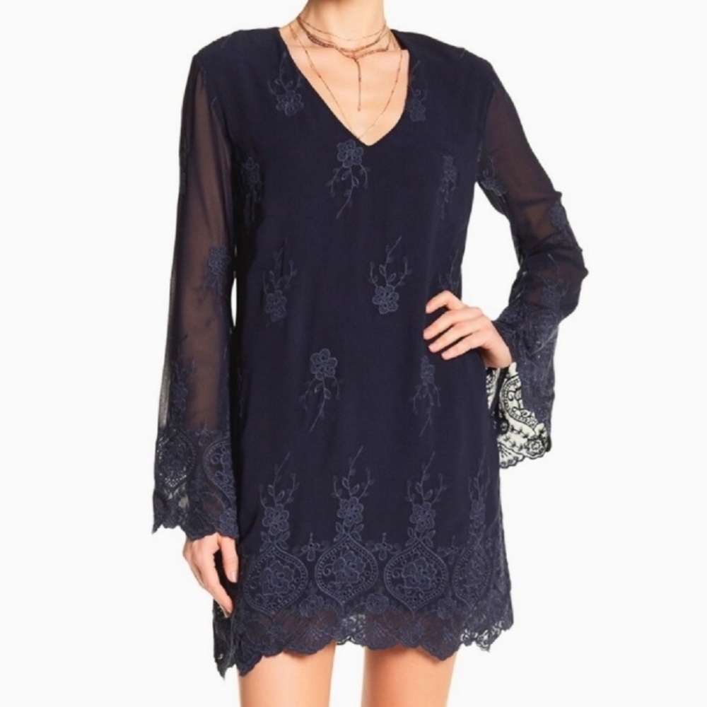 WAYF Embroidered Long Sleeve Navy Dress